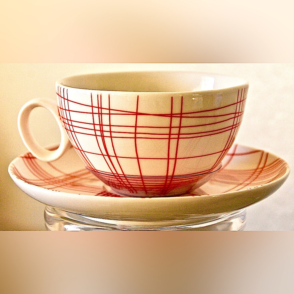 GRACES TEAWARE TEACUP SAUCER SET RED PLAID NEW PORCELAIN